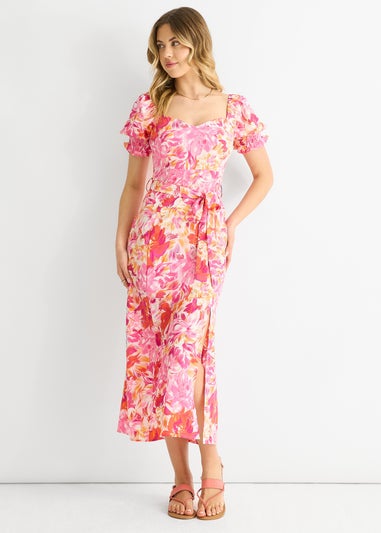 Gini London Red Floral Puff Sleeves Belted Midi Dress
