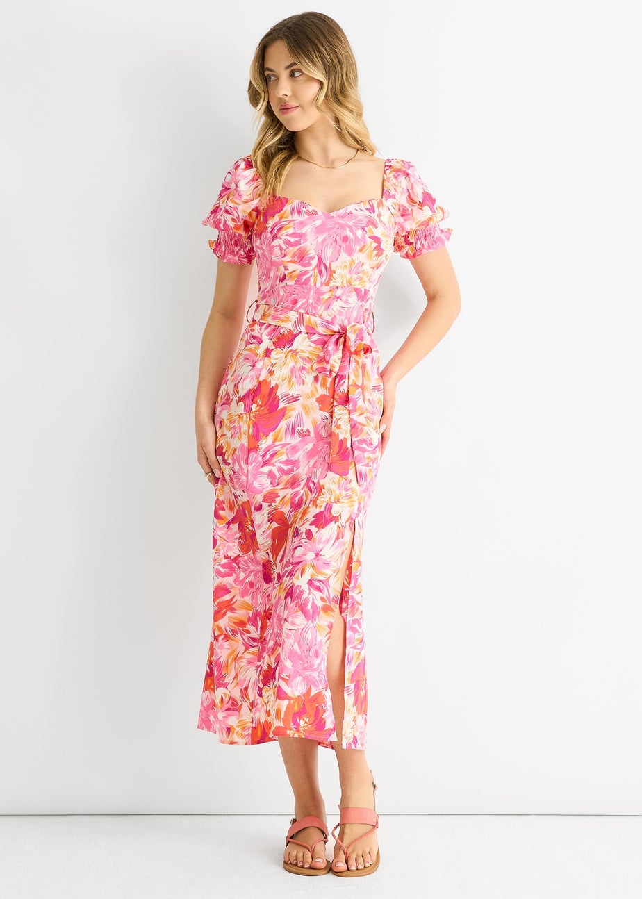 Gini London Red Floral Puff Sleeves Belted Midi Dress