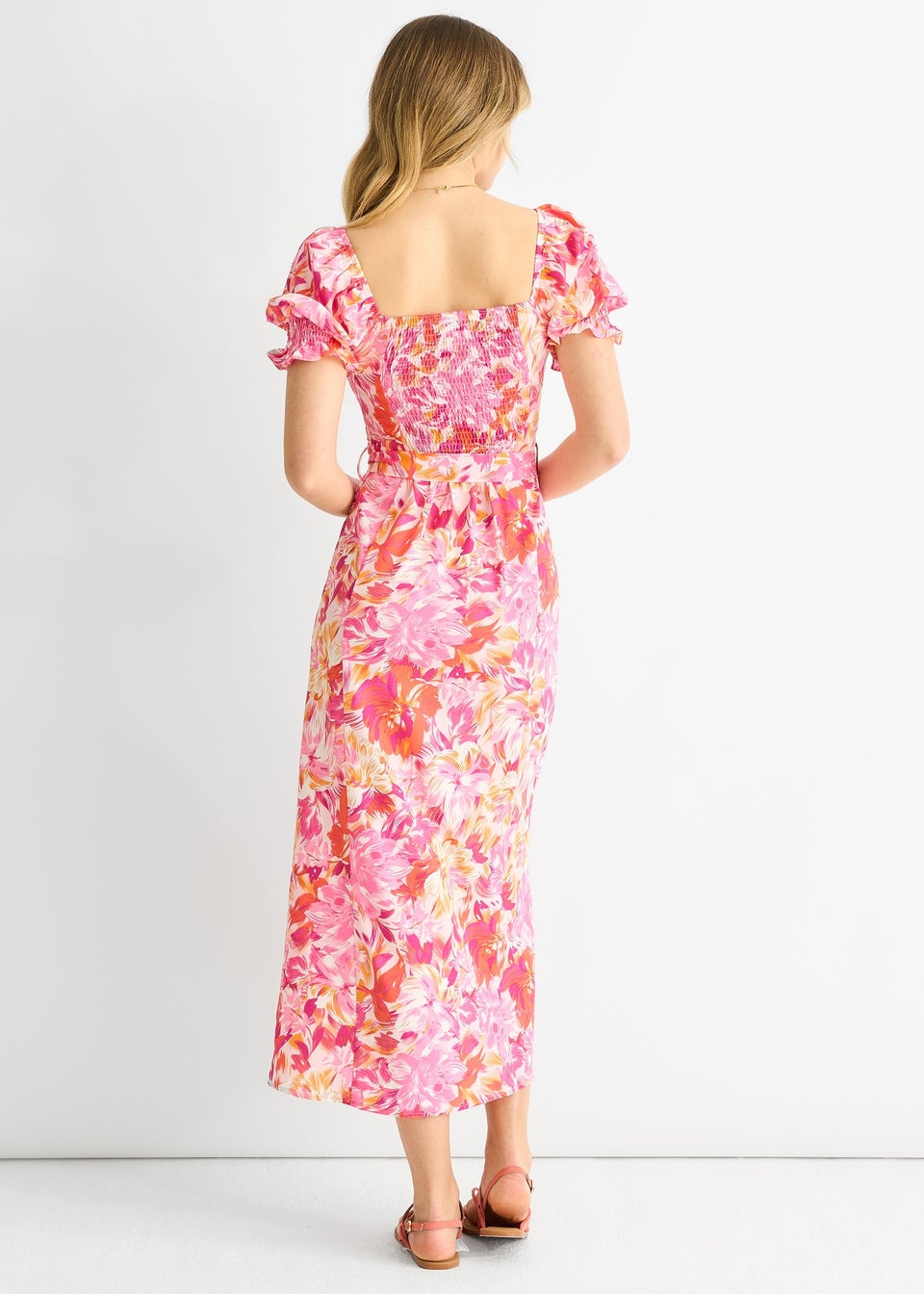 Gini London Red Floral Puff Sleeves Belted Midi Dress