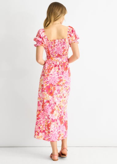 Gini London Red Floral Puff Sleeves Belted Midi Dress