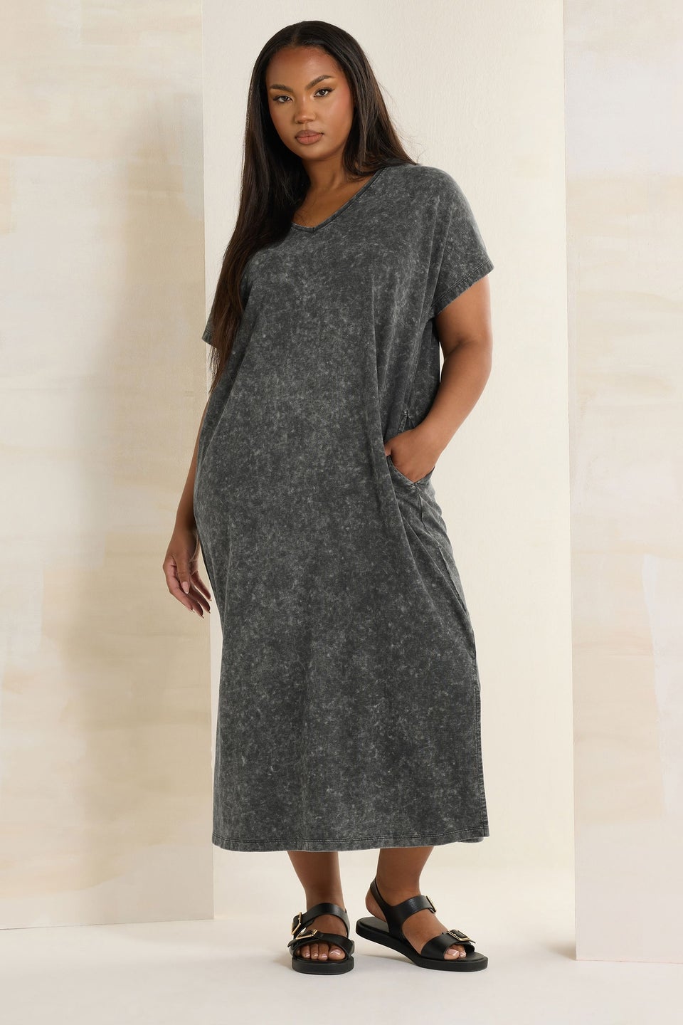 Yours Curve Grey Acid Wash Heavyweight Throw On Dress