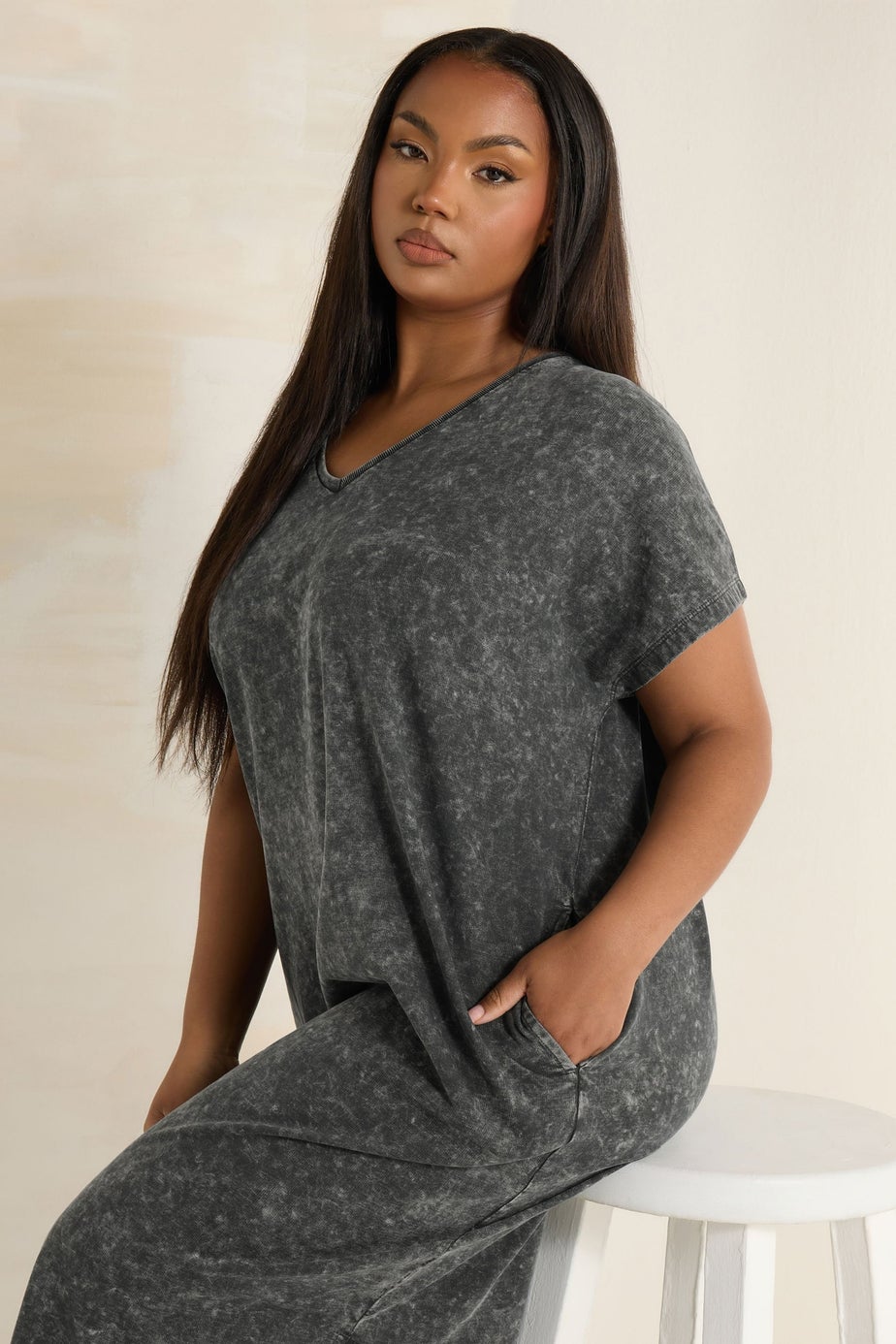 Yours Curve Grey Acid Wash Heavyweight Throw On Dress