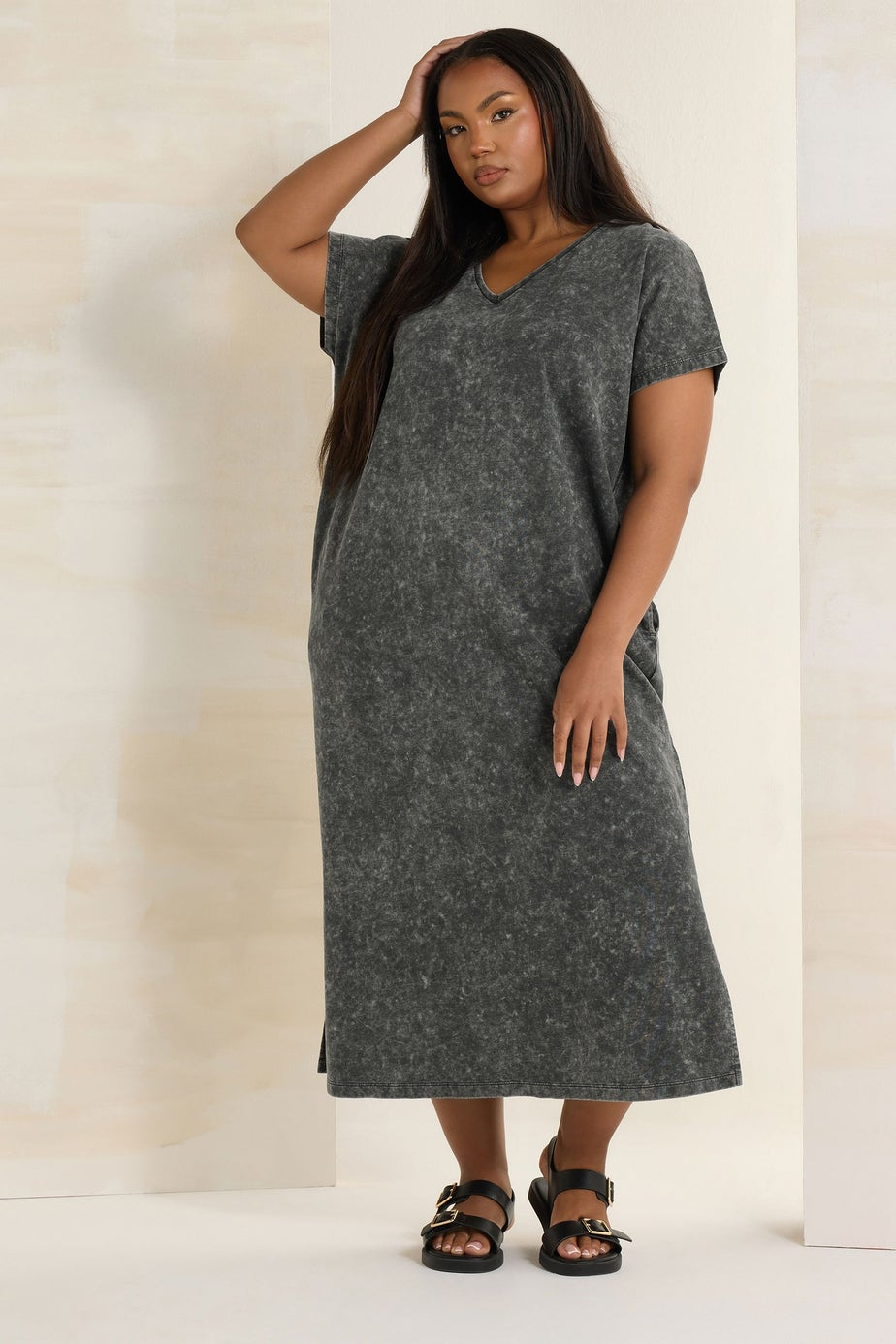 Yours Curve Grey Acid Wash Heavyweight Throw On Dress