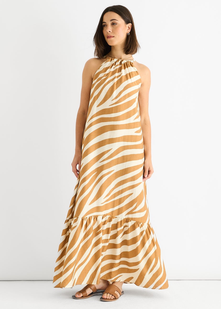 Gini London Brown Zebra Print Halter Neck Maxi Dress