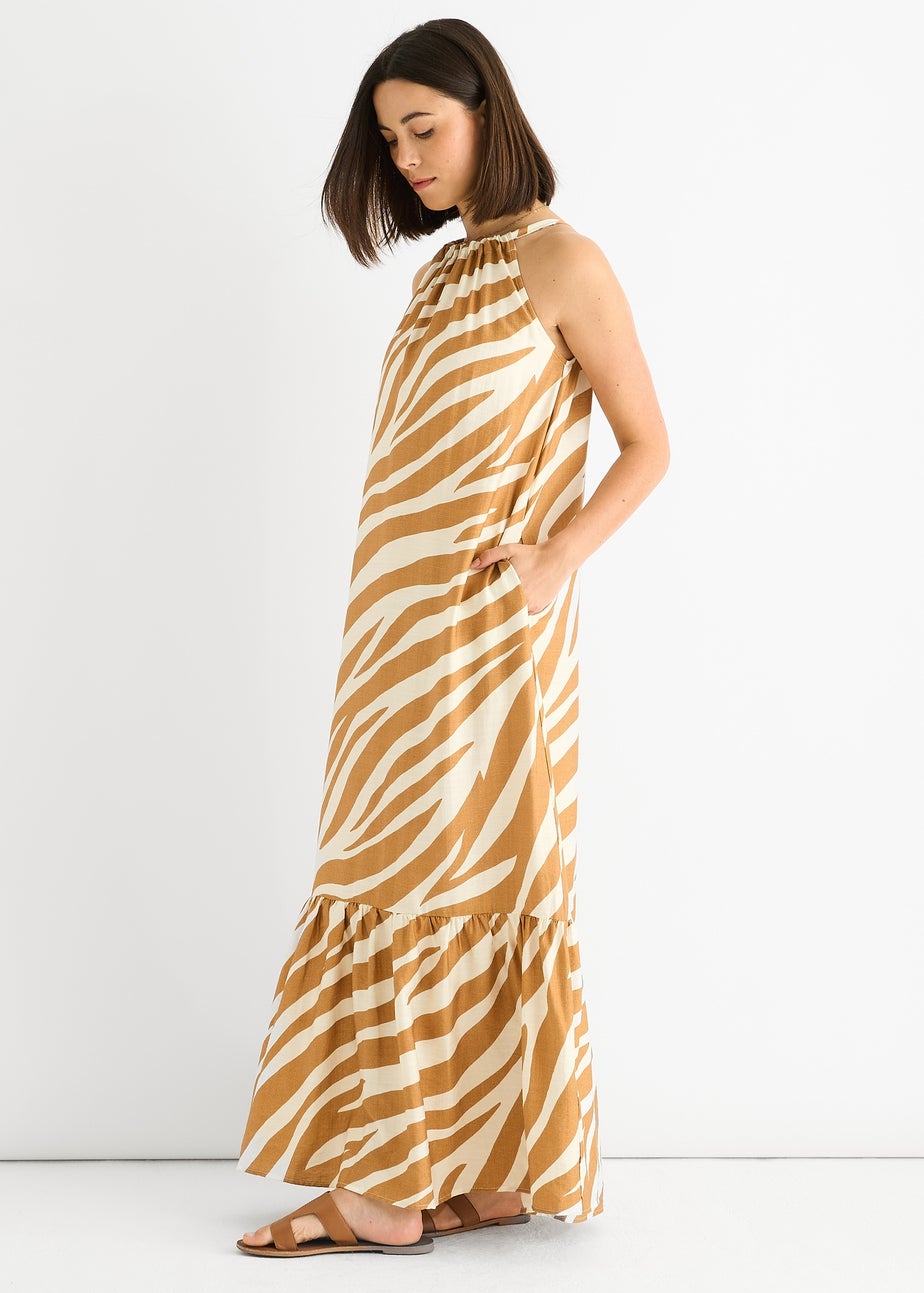 Gini London Brown Zebra Print Halter Neck Maxi Dress