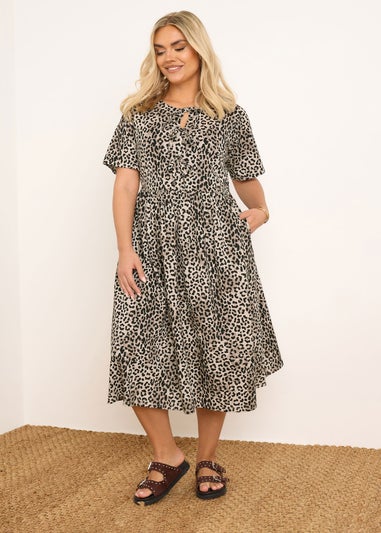 Yours Curve Brown Leopard Print Bow Tie Front Dress