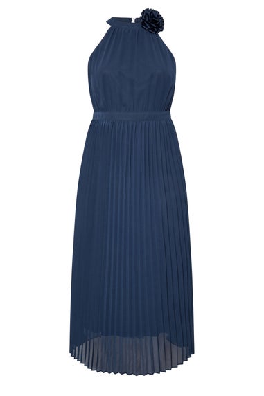Yours London Curve Navy Blue Corsage Detail Pleated Maxi Dress