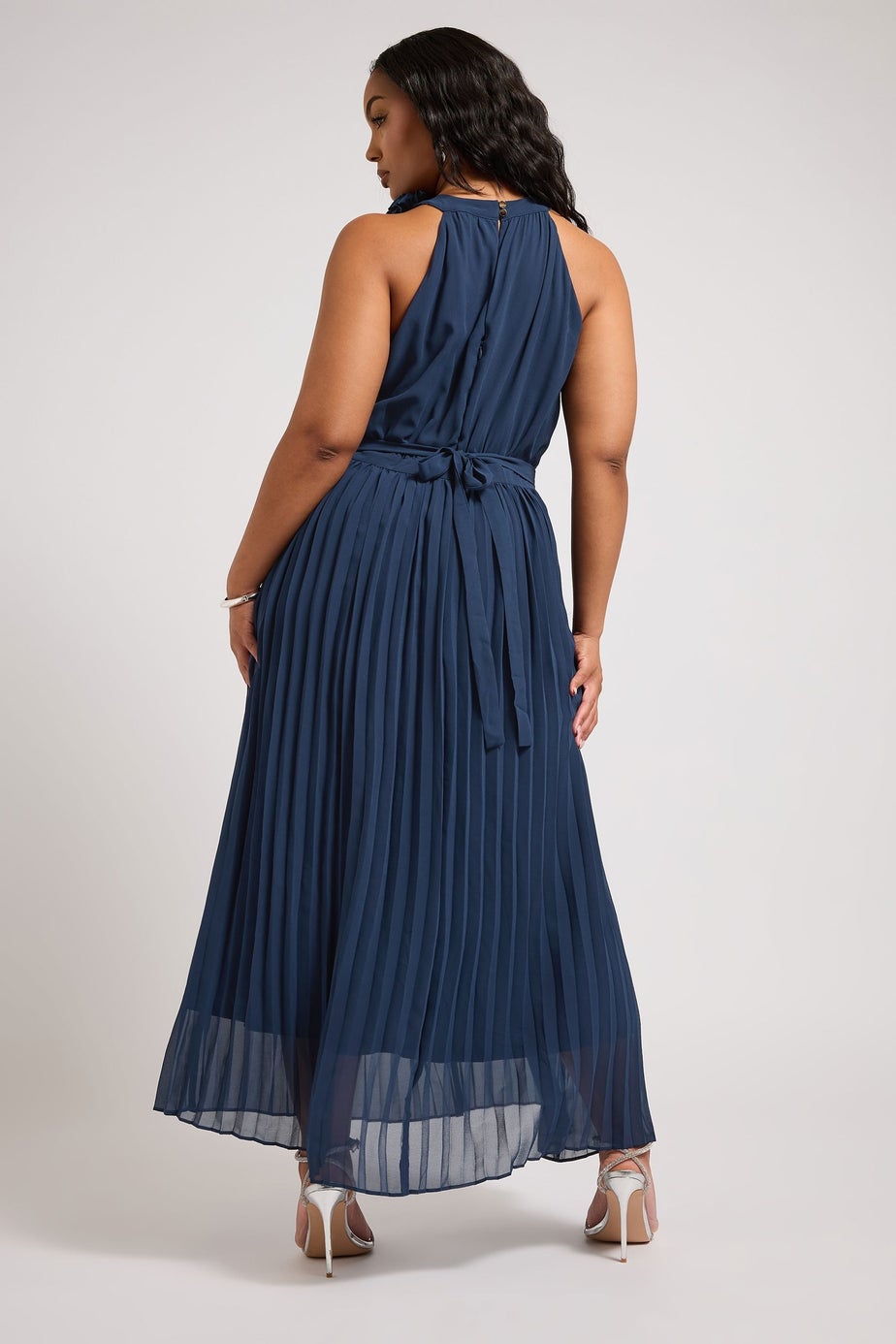 Yours London Curve Navy Blue Corsage Detail Pleated Maxi Dress