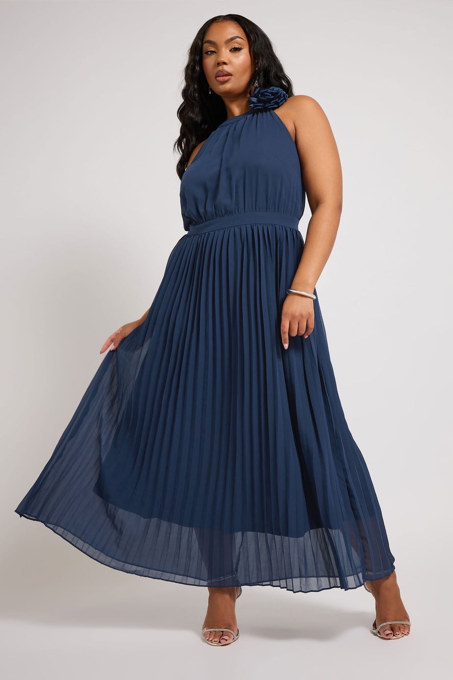 Yours London Curve Navy Blue Corsage Detail Pleated Maxi Dress