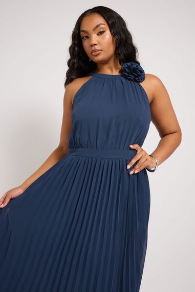 Yours London Curve Navy Blue Corsage Detail Pleated Maxi Dress