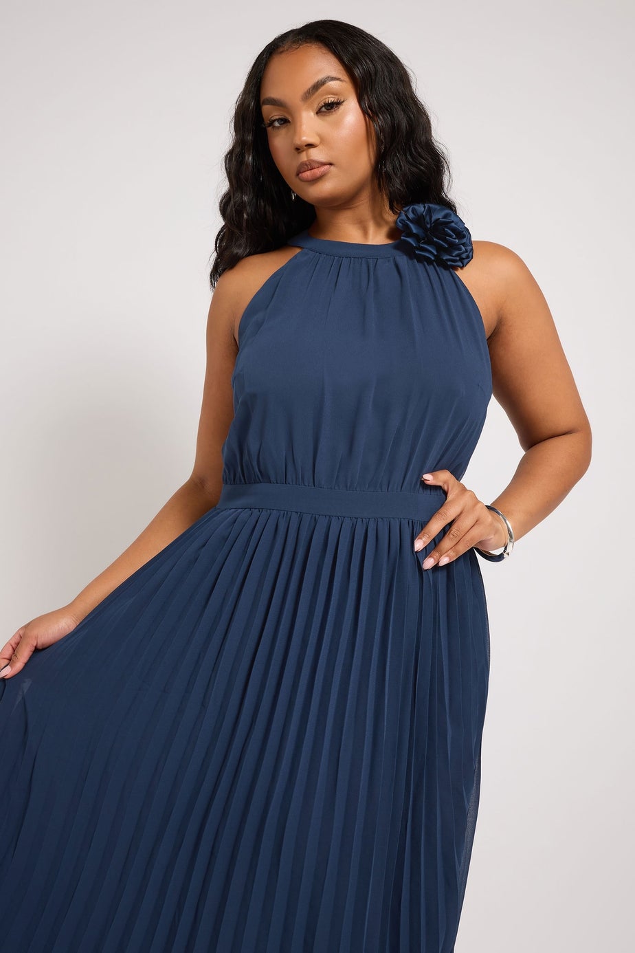 Yours London Curve Navy Blue Corsage Detail Pleated Maxi Dress