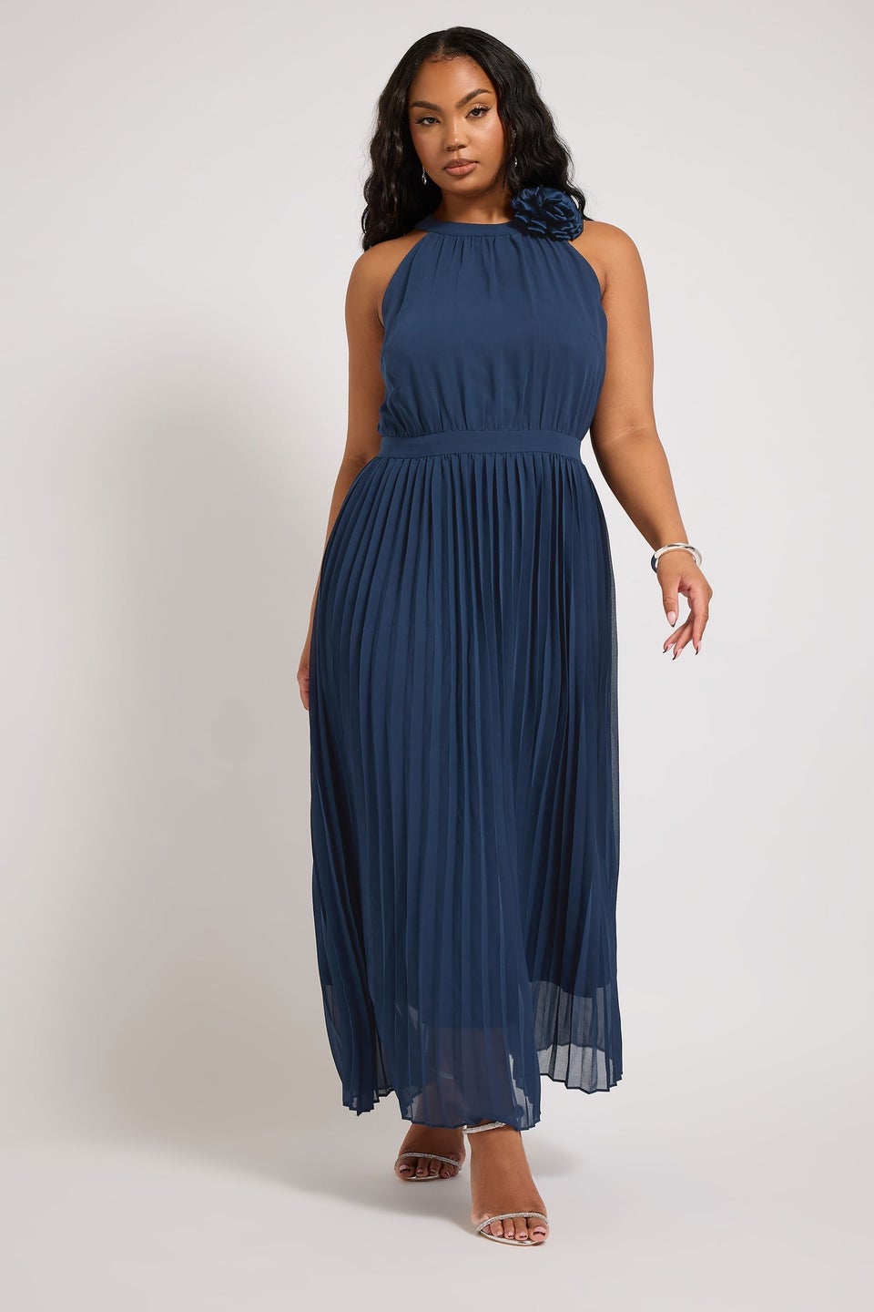 Yours London Curve Navy Blue Corsage Detail Pleated Maxi Dress