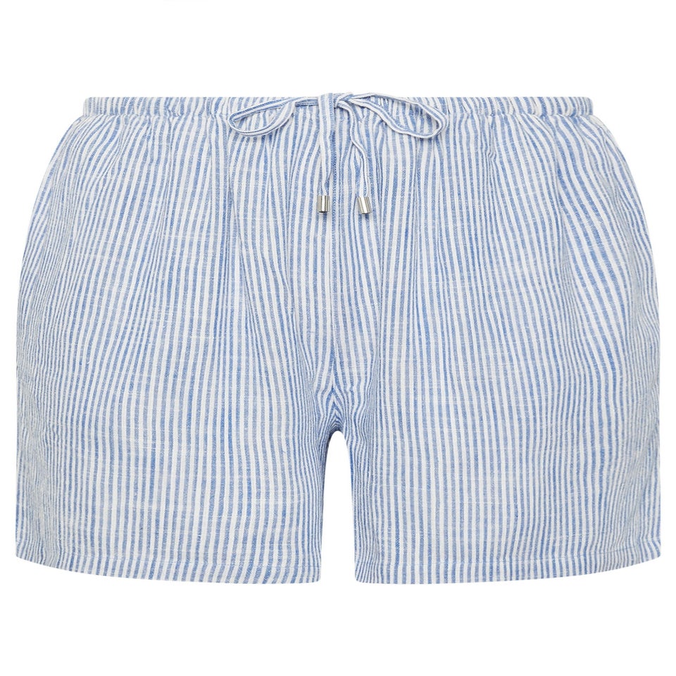 Yours Curve Blue Stripe Tie Front Linen Shorts