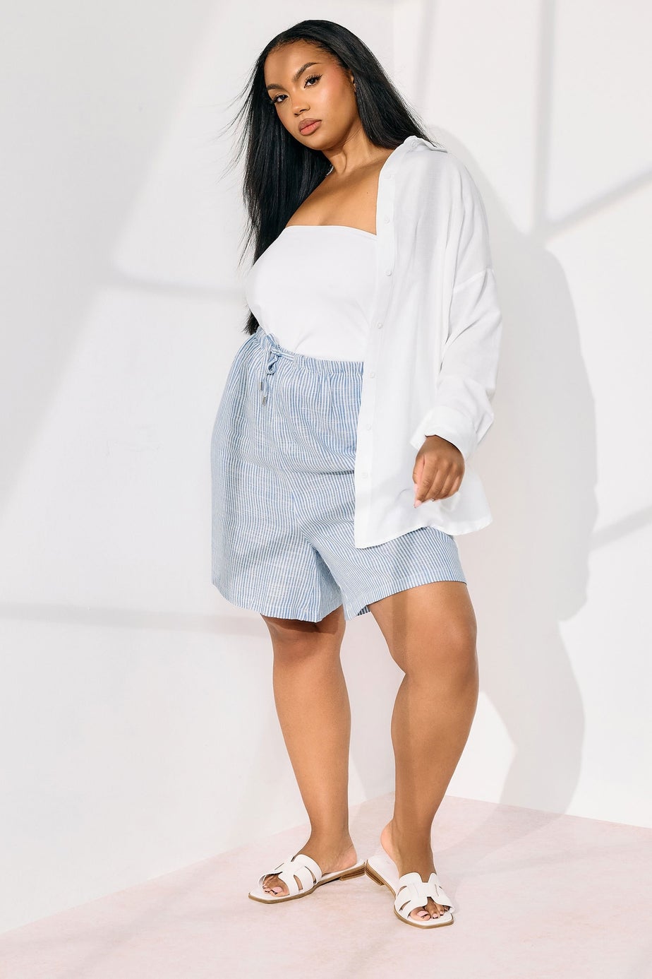 Yours Curve Blue Stripe Tie Front Linen Shorts