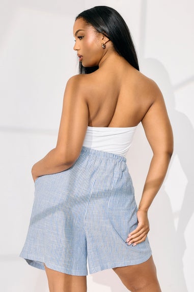Yours Curve Blue Stripe Tie Front Linen Shorts