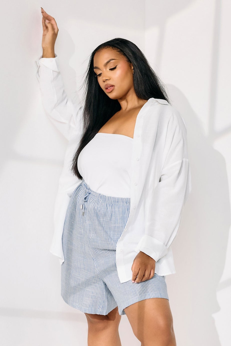 Yours Curve Blue Stripe Tie Front Linen Shorts