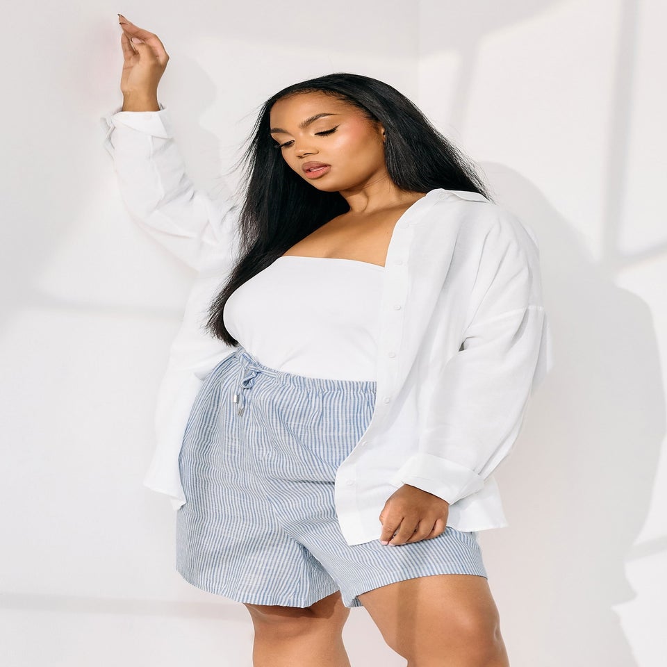 Yours Curve Blue Stripe Tie Front Linen Shorts