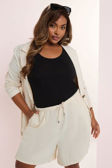 Yours Curve Natural Brown Tie Front Linen Shorts