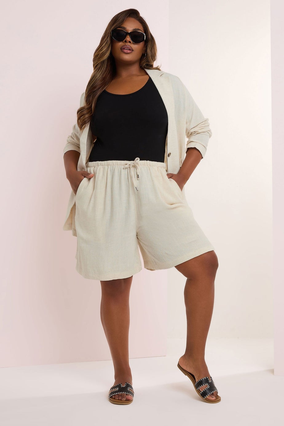 Yours Curve Natural Brown Tie Front Linen Shorts