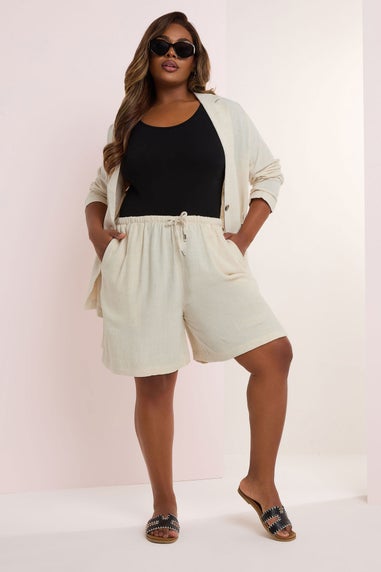 Yours Curve Natural Brown Tie Front Linen Shorts