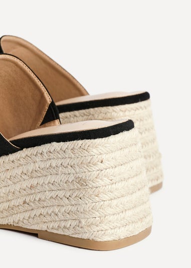 Linzi Espresso Black Faux Suede Espadrille Inspired Mule Wedges