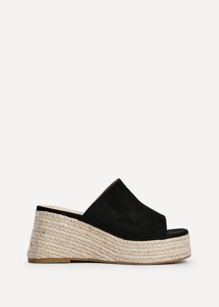 Linzi Espresso Black Faux Suede Espadrille Inspired Mule Wedges