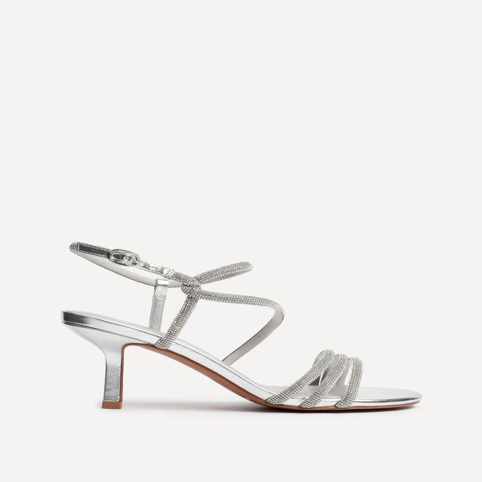 Linzi Charm Silver Faux Leather Strappy Diamante Heeled Sandal