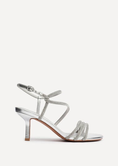 Linzi Charm Silver Faux Leather Strappy Diamante Heeled Sandal