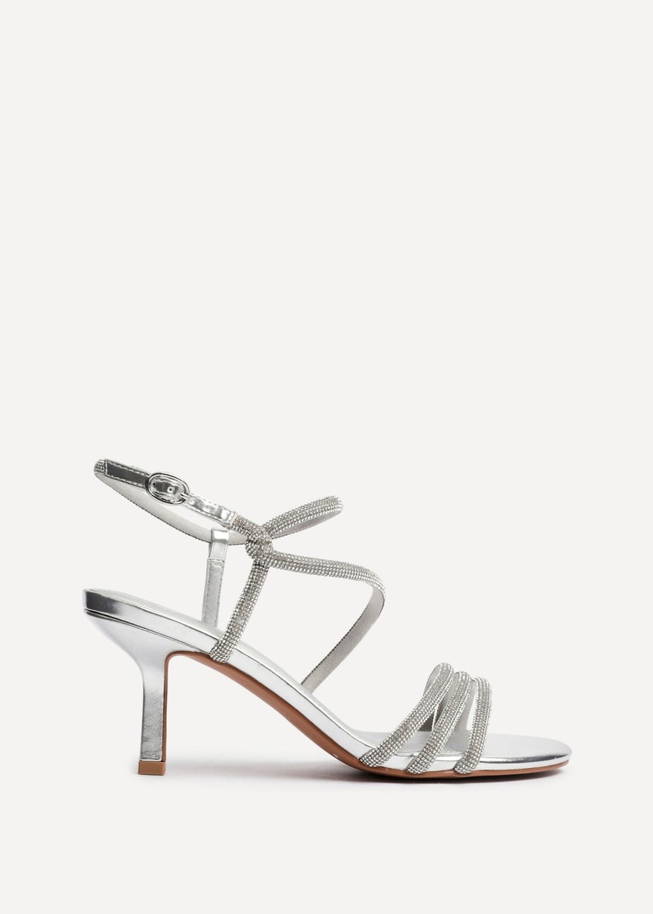 Linzi Charm Silver Faux Leather Strappy Diamante Heeled Sandal