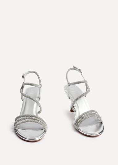 Linzi Charm Silver Faux Leather Strappy Diamante Heeled Sandal