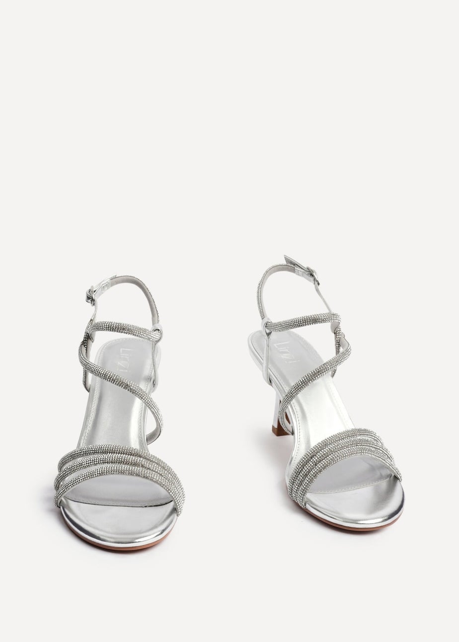 Linzi Charm Silver Faux Leather Strappy Diamante Heeled Sandal