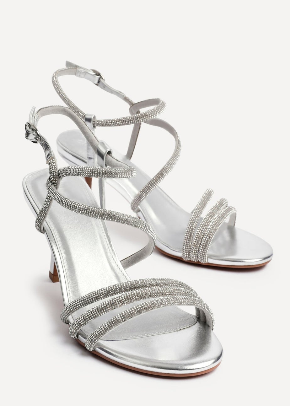 Linzi Charm Silver Faux Leather Strappy Diamante Heeled Sandal