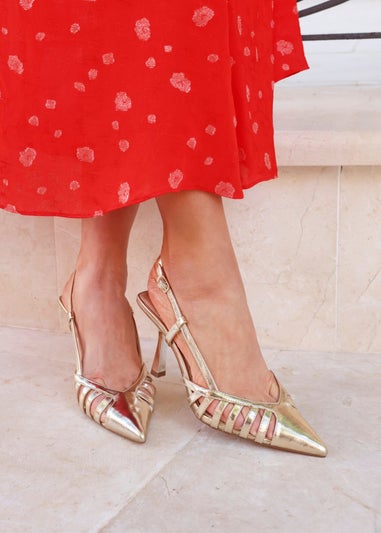 Linzi Alias Gold Faux Leather Cut Out Slingback Court Heels