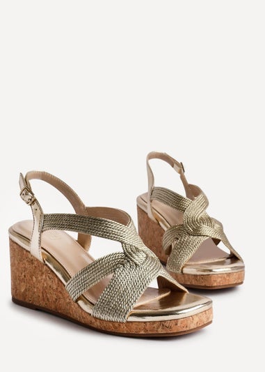 Linzi Destined Gold Woven Design Cork Wedges