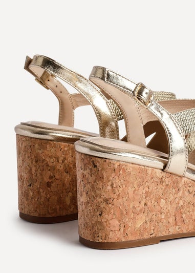 Linzi Destined Gold Woven Design Cork Wedges
