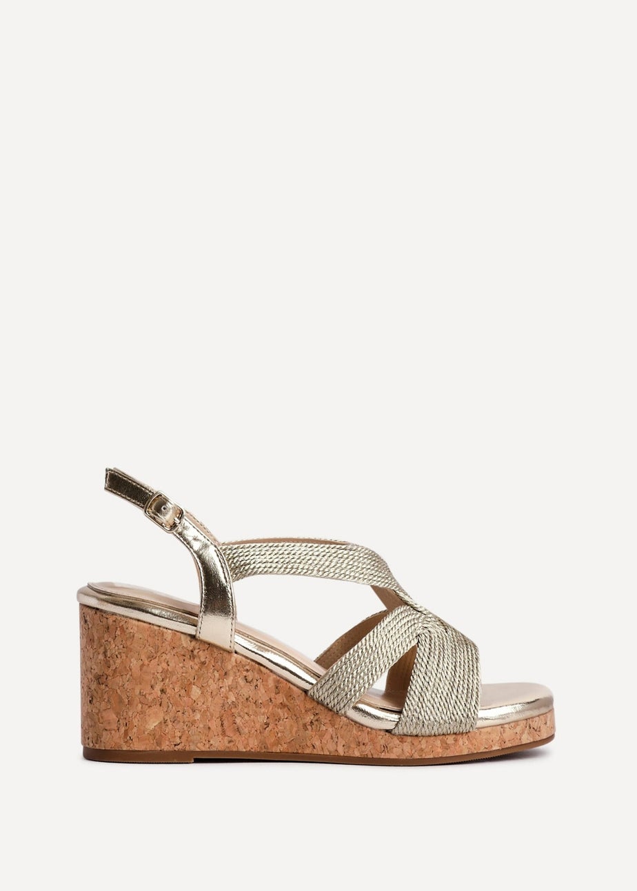 Linzi Destined Gold Woven Design Cork Wedges