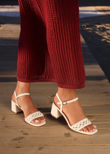 Linzi Ruthie White Faux Leather Handwoven Low Block Heeled Sandal