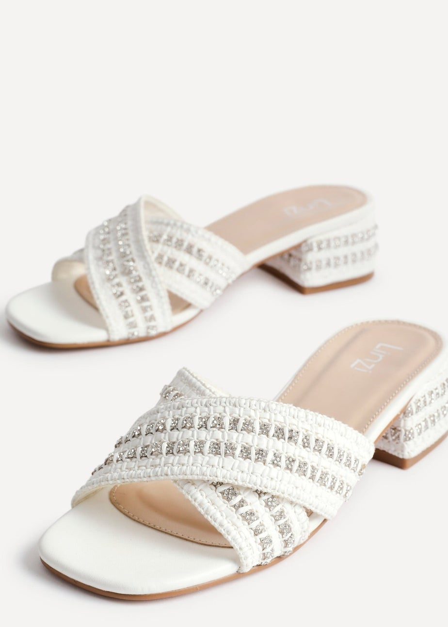 Linzi Zadie White Raffia Embellished Block Heel Mule Sandal