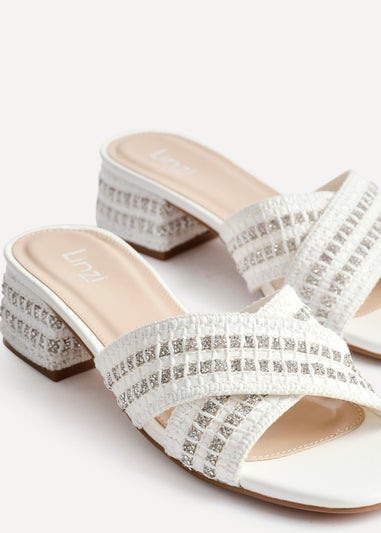 Linzi Zadie White Raffia Embellished Block Heel Mule Sandal