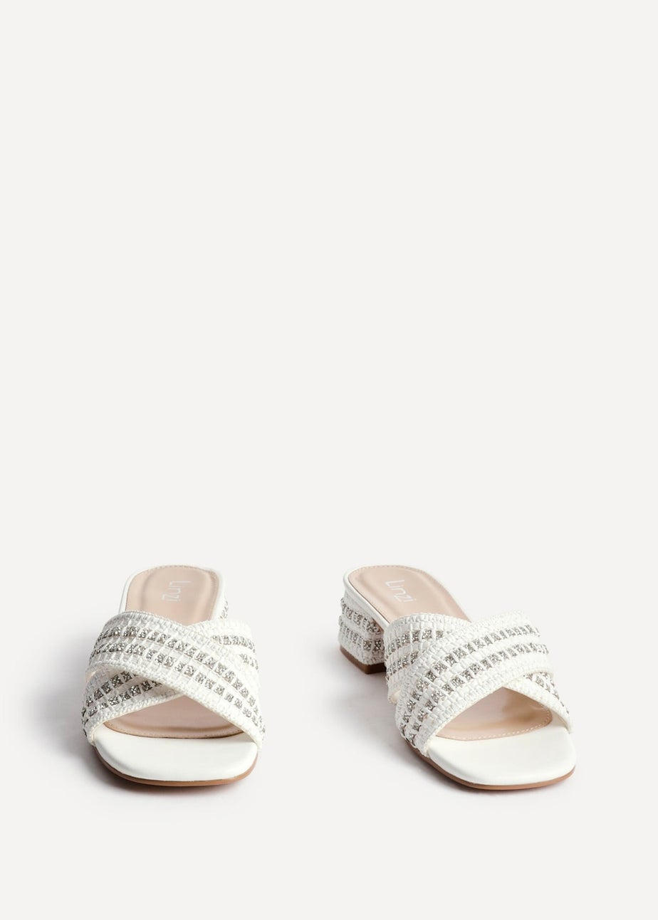 Linzi Zadie White Raffia Embellished Block Heel Mule Sandal