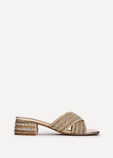 Linzi Zadie Gold Raffia Embellished Block Heel Mule Sandal
