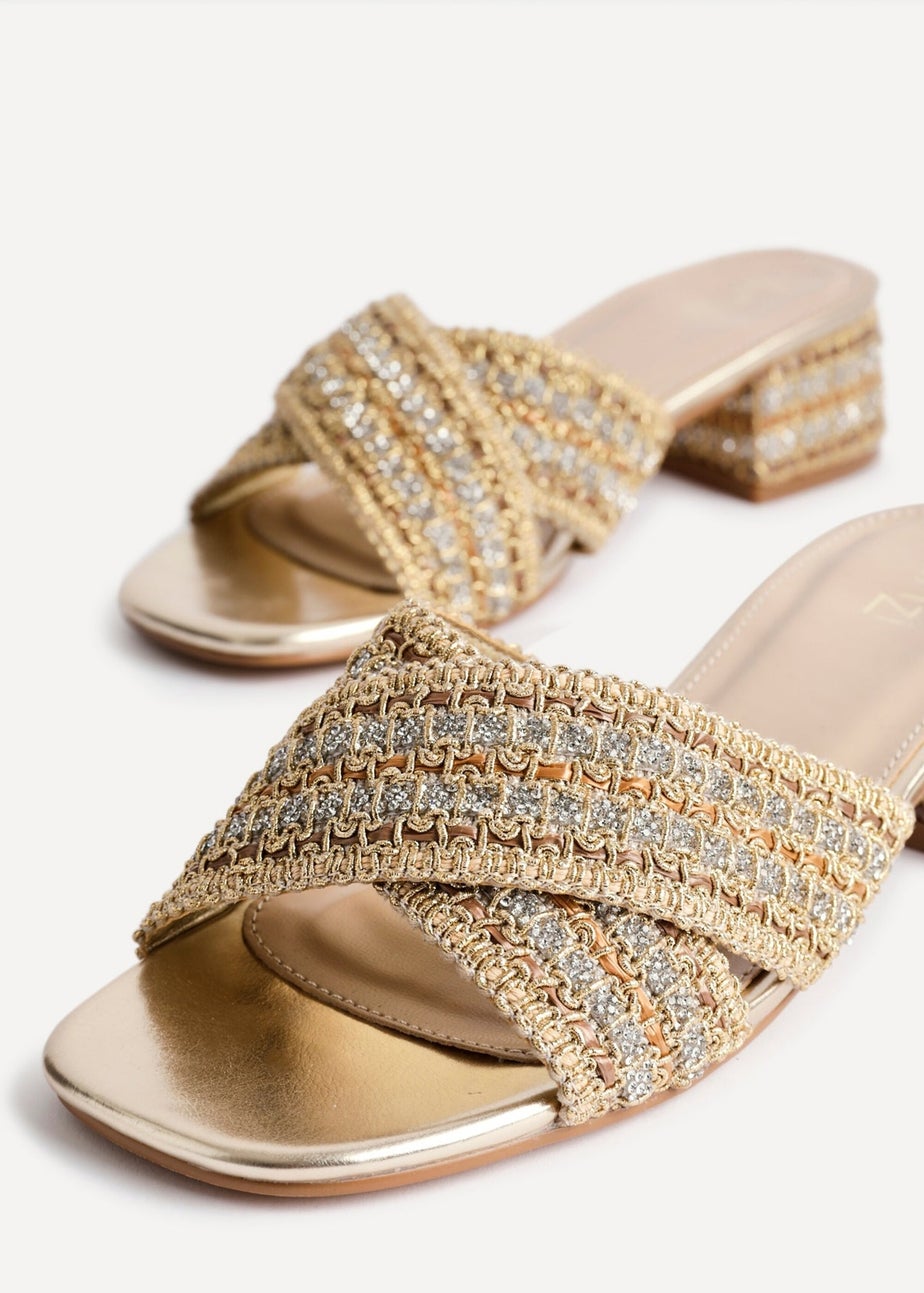 Linzi Zadie Gold Raffia Embellished Block Heel Mule Sandal