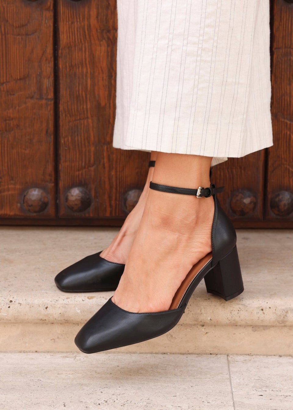 Linzi Sydney Black Faux Leather Square Toe Court Heel