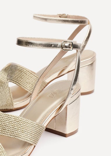 Linzi Alessia Gold Woven Loop Design Block Heeled Sandals