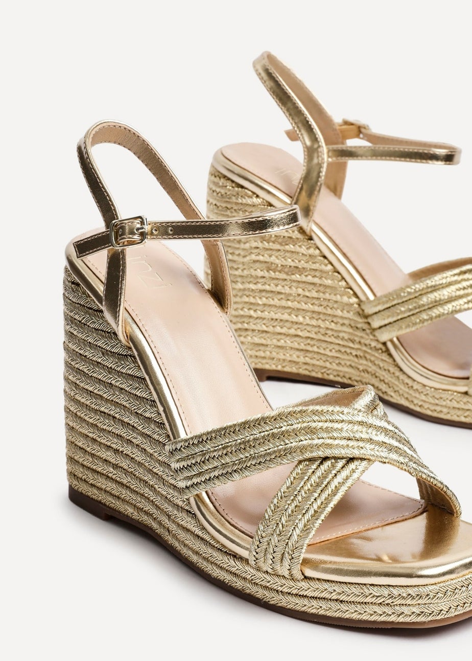 Linzi Nikki Gold Rope Crossover Platform Wedge