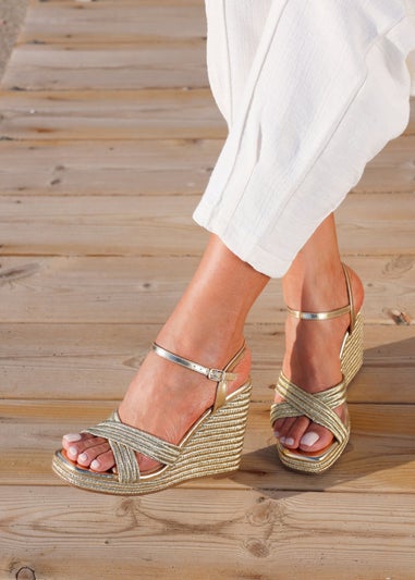 Linzi Nikki Gold Rope Crossover Platform Wedge