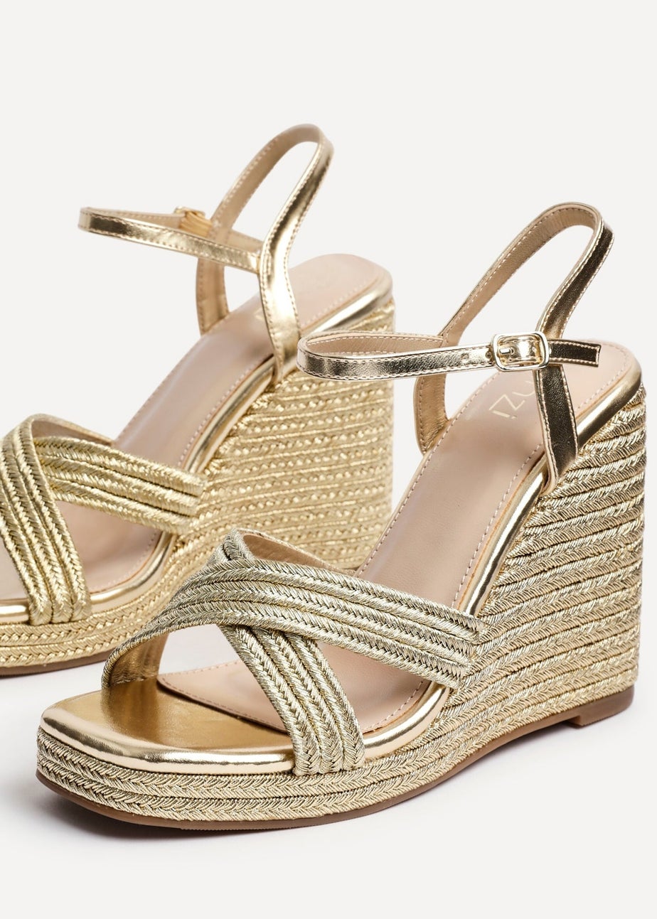 Linzi Nikki Gold Rope Crossover Platform Wedge