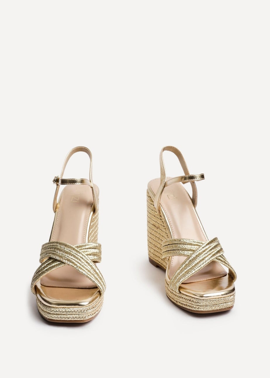 Linzi Nikki Gold Rope Crossover Platform Wedge