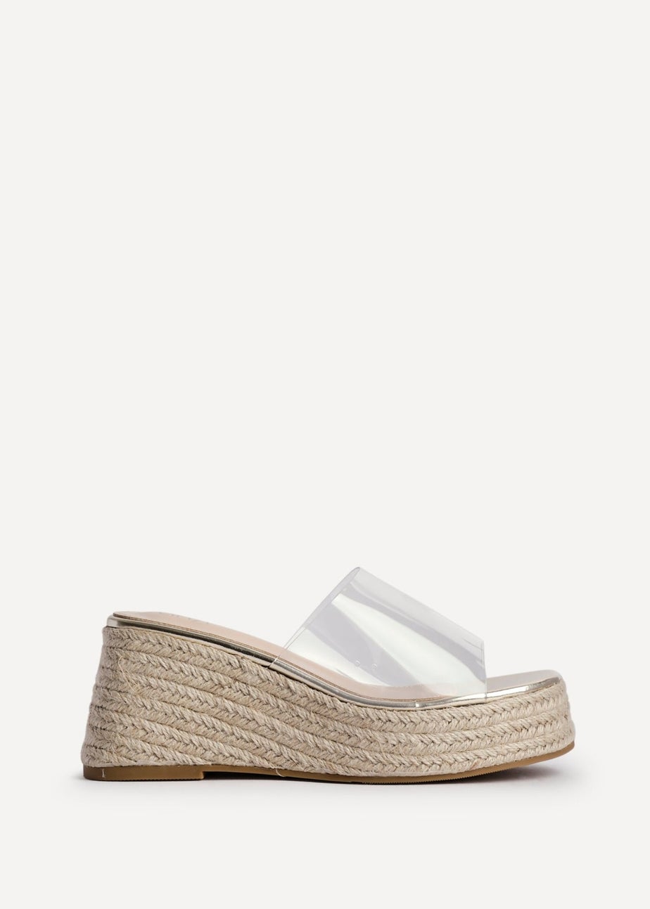 Linzi Clear Espresso Perspex Espadrille Inspired Mule Wedges