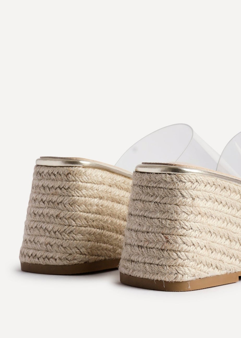 Linzi Clear Espresso Perspex Espadrille Inspired Mule Wedges